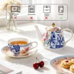 KAMMAK Tea for One, Porcelain Teapot and Cup Set, Bone China Tea Pot and Saucers Set,Ceramic Tea Set for Party, Home, Colored Tea Cups and Saucer Set for Coffee,Cappuccino,Tea,...