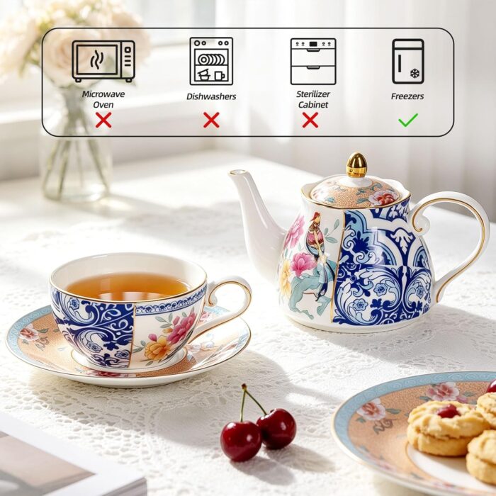 KAMMAK Tea for One, Porcelain Teapot and Cup Set, Bone China Tea Pot and Saucers Set,Ceramic Tea Set for Party, Home, Colored Tea Cups and Saucer Set for Coffee,Cappuccino,Tea,...