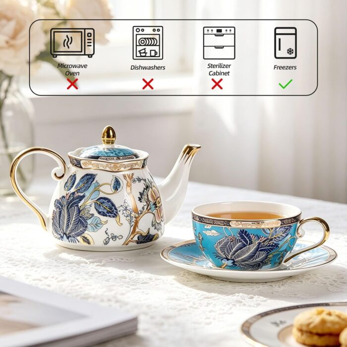 KAMMAK Tea for One, Porcelain Teapot and Cup Set, Bone China Tea Pot and Saucers Set,Ceramic Tea Set for Party, Home, Colored Tea Cups and Saucer Set for Coffee,Cappuccino,Tea, GH5 KAMMAK 8KPGH005 ceramic teapot close-up material texture detail image 4