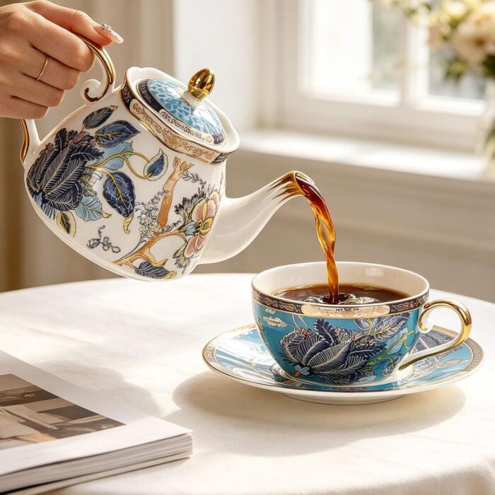 KAMMAK Tea for One, Porcelain Teapot and Cup Set, Bone China Tea Pot and Saucers Set,Ceramic Tea Set for Party, Home, Colored Tea Cups and Saucer Set for Coffee,Cappuccino,Tea, GH5 KAMMAK 8KPGH005 ceramic teapot styled home decor setting image 5