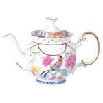 KAMMAK Teapot, 33.8oz Porcelain Tea Pot with Gold Trim, Blooming & Loose Leaf Teapot, Vintage Teapot with Handle, Festive Holiday Serveware, Gifts for Women