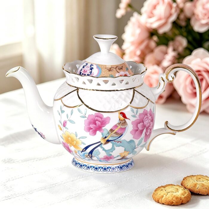KAMMAK Teapot, 33.8oz Porcelain Tea Pot with Gold Trim, Blooming & Loose Leaf Teapot, Vintage Teapot with Handle, Festive Holiday Serveware, Gifts for Women