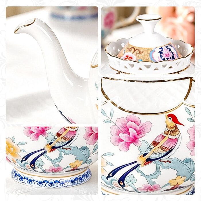 KAMMAK Teapot, 33.8oz Porcelain Tea Pot with Gold Trim, Blooming & Loose Leaf Teapot, Vintage Teapot with Handle, Festive Holiday Serveware, Gifts for Women