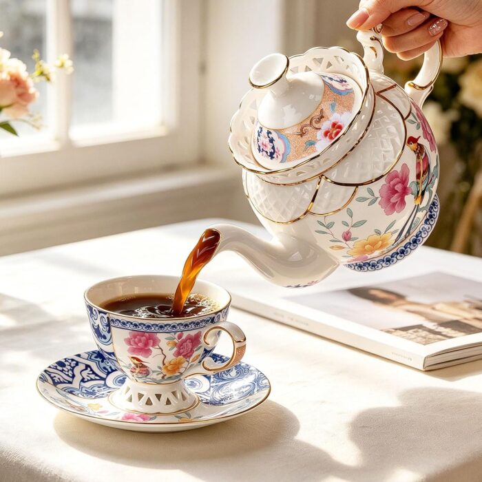 KAMMAK Teapot, 33.8oz Porcelain Tea Pot with Gold Trim, Blooming & Loose Leaf Teapot, Vintage Teapot with Handle, Festive Holiday Serveware, Gifts for Women