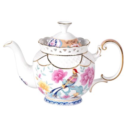 KAMMAK Teapot, 33.8oz Porcelain Tea Pot with Gold Trim, Blooming & Loose Leaf Teapot, Vintage Teapot with Handle, Festive Holiday Serveware, Gifts for Women