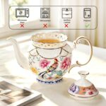 KAMMAK Teapot, 33.8oz Porcelain Tea Pot with Gold Trim, Blooming & Loose Leaf Teapot, Vintage Teapot with Handle, Festive Holiday Serveware, Gifts for Women