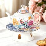KAMMAK Teapot with Teapot Warmer, 11.8oz Porcelain Tea Pot with Gold Trim, Small Tea Pot with Handle, Blooming & Loose Leaf Teapot, Festive Holiday Serveware, Gifts for Women