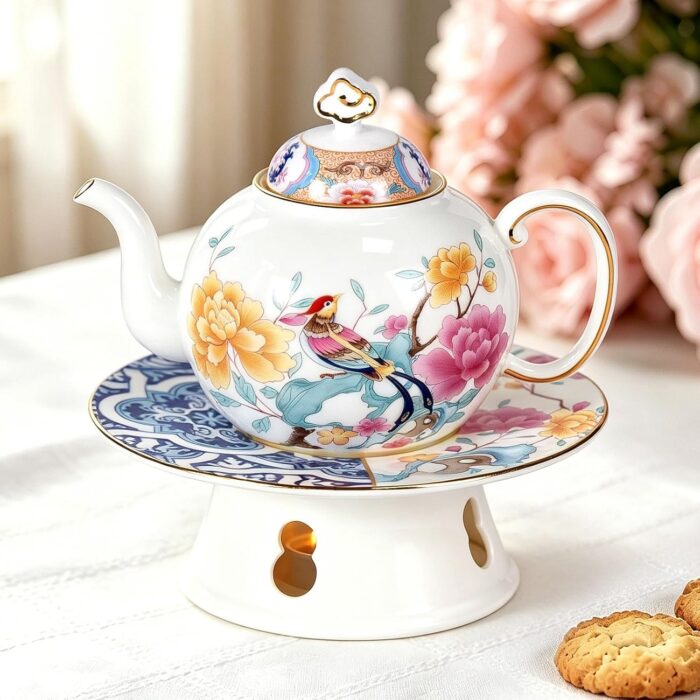 KAMMAK Teapot with Teapot Warmer, 11.8oz Porcelain Tea Pot with Gold Trim, Small Tea Pot with Handle, Blooming & Loose Leaf Teapot, Festive Holiday Serveware, Gifts for Women