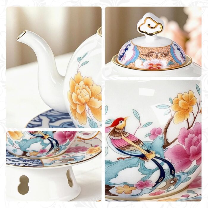 KAMMAK Teapot with Teapot Warmer, 11.8oz Porcelain Tea Pot with Gold Trim, Small Tea Pot with Handle, Blooming & Loose Leaf Teapot, Festive Holiday Serveware, Gifts for Women
