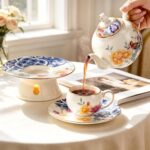 KAMMAK Teapot with Teapot Warmer, 11.8oz Porcelain Tea Pot with Gold Trim, Small Tea Pot with Handle, Blooming & Loose Leaf Teapot, Festive Holiday Serveware, Gifts for Women