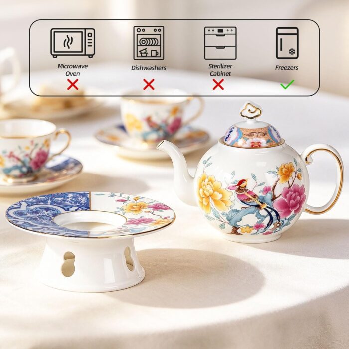 KAMMAK Teapot with Teapot Warmer, 11.8oz Porcelain Tea Pot with Gold Trim, Small Tea Pot with Handle, Blooming & Loose Leaf Teapot, Festive Holiday Serveware, Gifts for Women