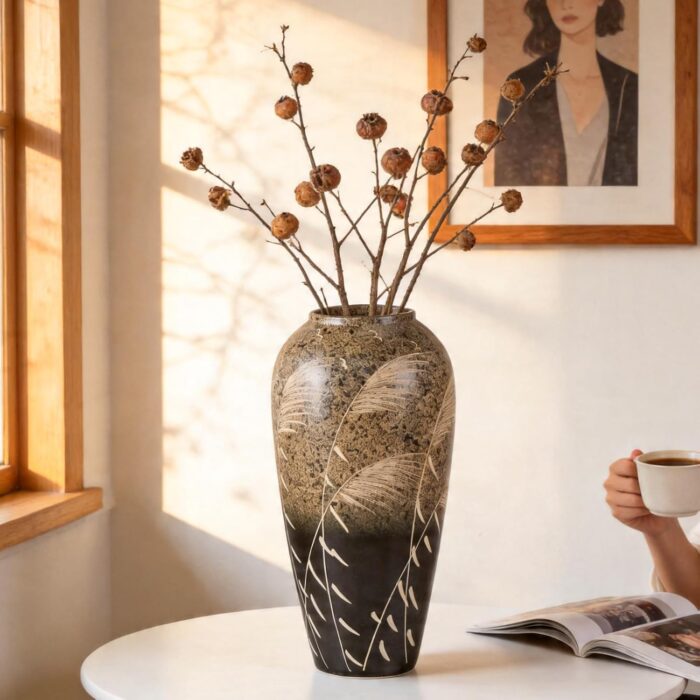 Modern Ceramic Vase, Decorative Flower Vases for Home, Pottery Vases for Living Room, Kitchen, Bedroom, Shelf, Rustic Farmhouse, Bookshelf, Table Décor（ZH04）