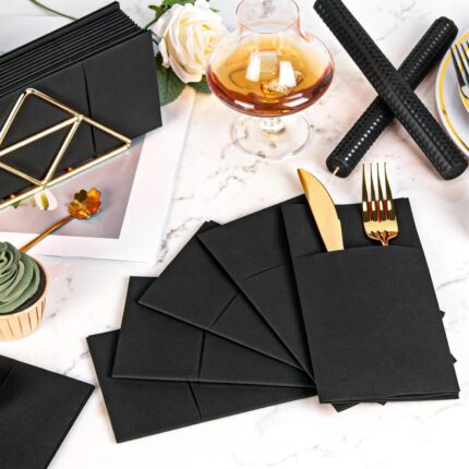 KAMMAK Black Napkins Disposable with Pocket Dinner Paper Napkins 50 Pack Linen Feel Prefolded Guest Hand Towels for Party Decoration, Wedding Decorative, Cocktail Reception,...