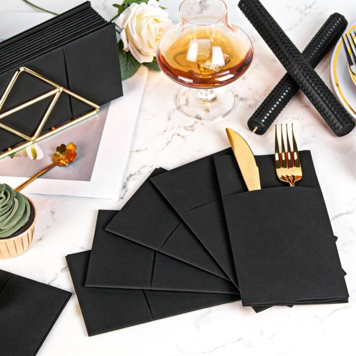 KAMMAK Black Napkins Disposable with Pocket Dinner Paper Napkins 50 Pack Linen Feel Prefolded Guest Hand Towels for Party Decoration, Wedding Decorative, Cocktail Reception,...
