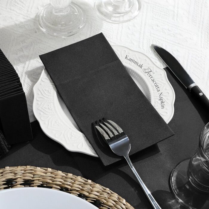 KAMMAK Black Napkins Disposable with Pocket Dinner Paper Napkins 50 Pack Linen Feel Prefolded Guest Hand Towels for Party Decoration, Wedding Decorative, Cocktail Reception,...