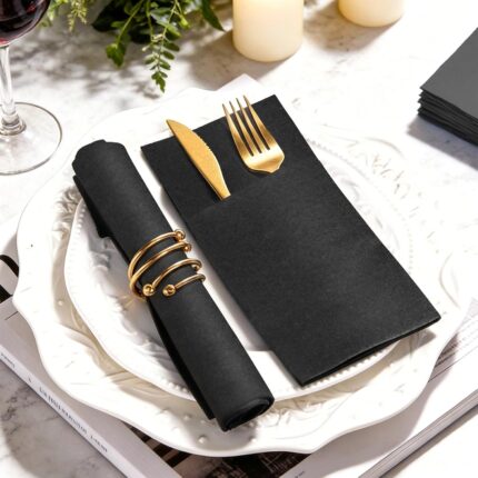 KAMMAK Black Napkins Disposable with Pocket Dinner Paper Napkins 50 Pack Linen Feel Prefolded Guest Hand Towels for Party Decoration, Wedding Decorative, Cocktail Reception,...