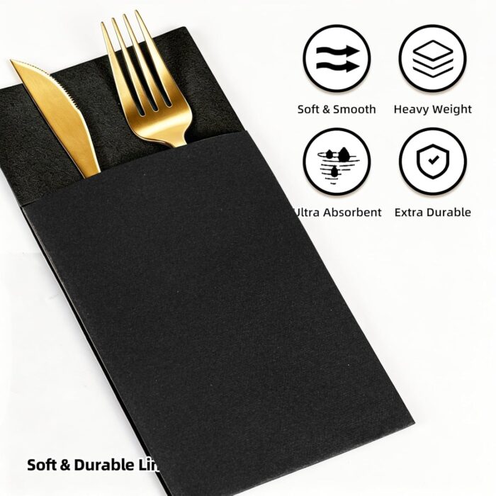 KAMMAK Black Napkins Disposable with Pocket Dinner Paper Napkins 50 Pack Linen Feel Prefolded Guest Hand Towels for Party Decoration, Wedding Decorative, Cocktail Reception,...