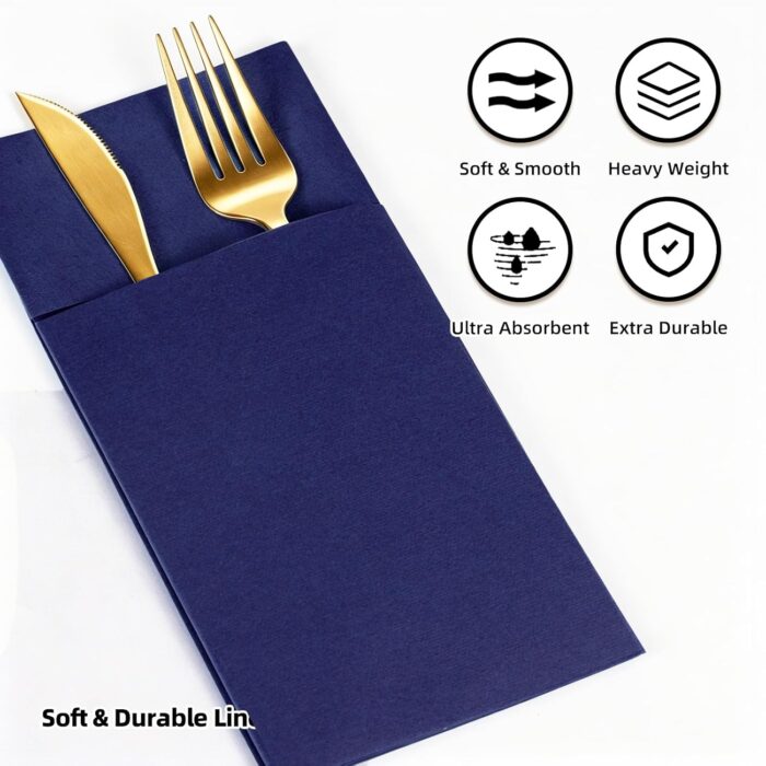 KAMMAK Blue Napkins Disposable 50 Pack Cloth like Paper Dinner Napkins Folded with Pocket Navy Blue Napkins Hand Towel for Wedding Reception, Party Decoration, Bathroon, Kitchen...