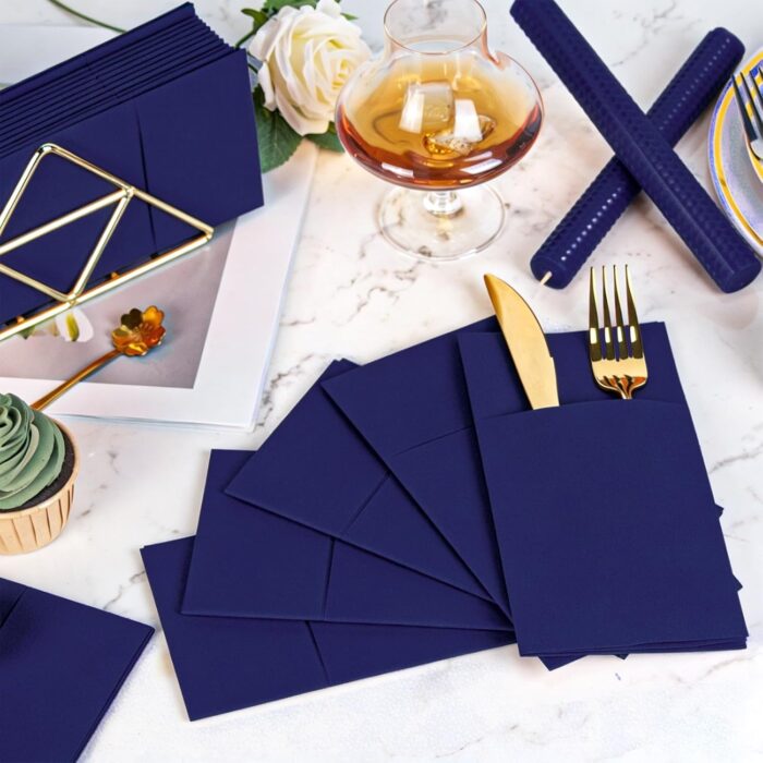 KAMMAK Blue Napkins Disposable 50 Pack Cloth like Paper Dinner Napkins Folded with Pocket Navy Blue Napkins Hand Towel for Wedding Reception, Party Decoration, Bathroon, Kitchen...