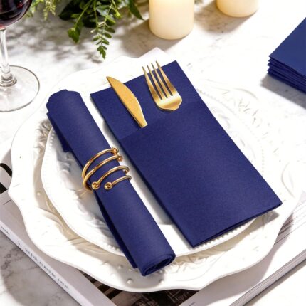 KAMMAK Blue Napkins Disposable 50 Pack Cloth like Paper Dinner Napkins Folded with Pocket Navy Blue Napkins Hand Towel for Wedding Reception, Party Decoration, Bathroon, Kitchen...