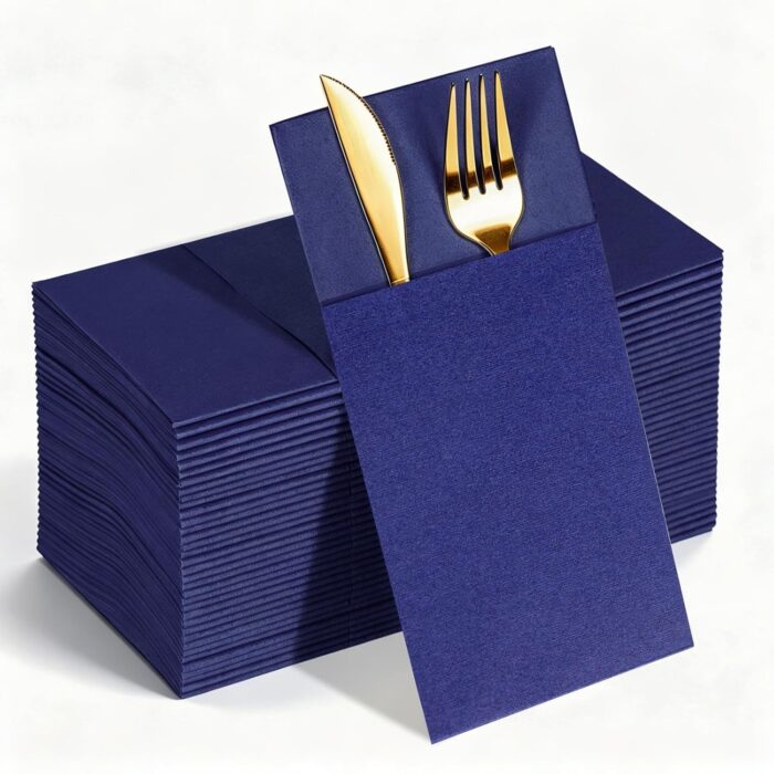 KAMMAK Blue Napkins Disposable 50 Pack Cloth like Paper Dinner Napkins Folded with Pocket Navy Blue Napkins Hand Towel for Wedding Reception, Party Decoration, Bathroon, Kitchen...