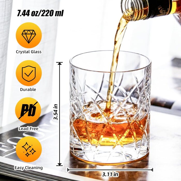 KAMMAK Crystal Whiskey Glasses Set of 2, 7.44oz Old Fashioned Glasses Stemless, Luxury Handcrafted Cut Tumbler for Women, Hand Blown White Cocktail Glasses, Perfect Men Gift for...