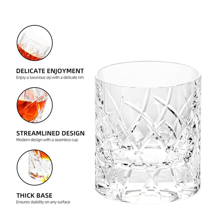 KAMMAK Crystal Whiskey Glasses Set of 2, 7.44oz Old Fashioned Glasses Stemless, Luxury Handcrafted Cut Tumbler for Women, Hand Blown White Cocktail Glasses, Perfect Men Gift for...