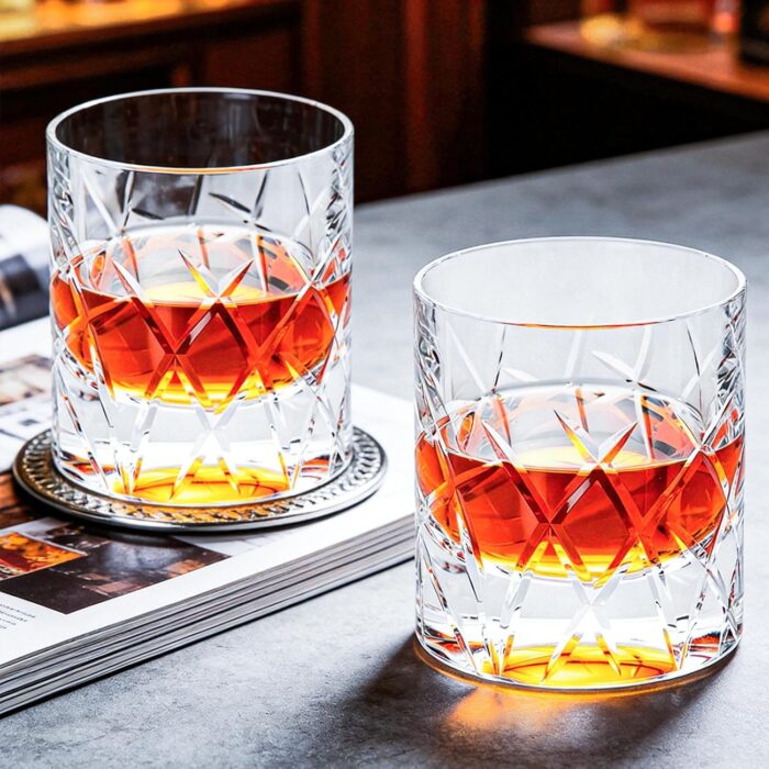 KAMMAK Crystal Whiskey Glasses Set of 2, 7.44oz Old Fashioned Glasses Stemless, Luxury Handcrafted Cut Tumbler for Women, Hand Blown White Cocktail Glasses, Perfect Men Gift for...