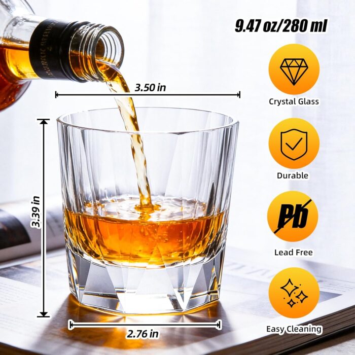 KAMMAK Crystal Whiskey Glasses Set of 2, Handcrafted 9.47oz Old Fashioned Glasses Stemless, Luxury Cocktail Glasses, Hand Blown Scotch Cup for Women, Men Gift for Rocks, Bourbon...