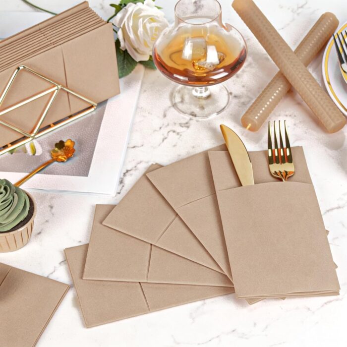 KAMMAK Khaki Napkins Disposable with Pocket 100 Pack Cloth like Paper Dinner Napkins Folded Hand Towel for Party Decoration, Wedding Reception, Bathroon and Kitchen (16.5 x 16.5...