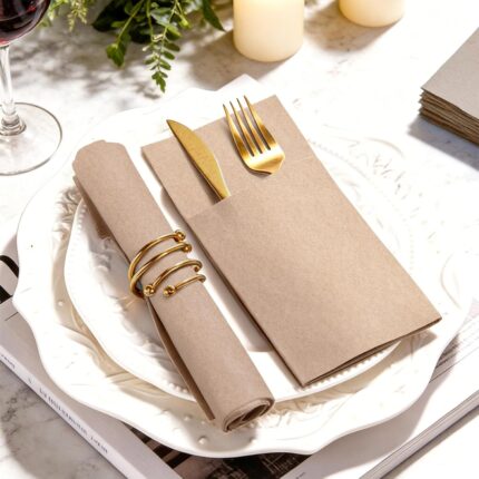 KAMMAK Khaki Napkins Disposable with Pocket 100 Pack Cloth like Paper Dinner Napkins Folded Hand Towel for Party Decoration, Wedding Reception, Bathroon and Kitchen (16.5 x 16.5...