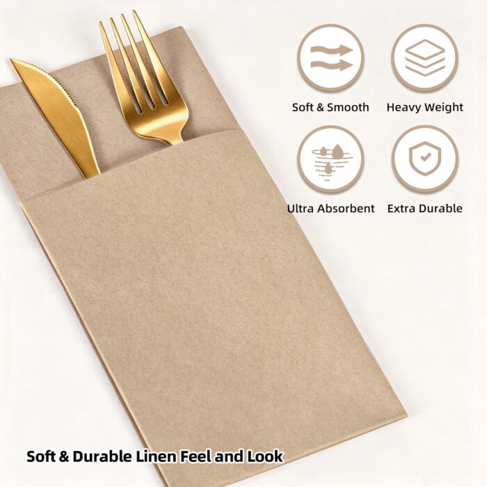 KAMMAK Khaki Napkins Disposable with Pocket 100 Pack Cloth like Paper Dinner Napkins Folded Hand Towel for Party Decoration, Wedding Reception, Bathroon and Kitchen (16.5 x 16.5...