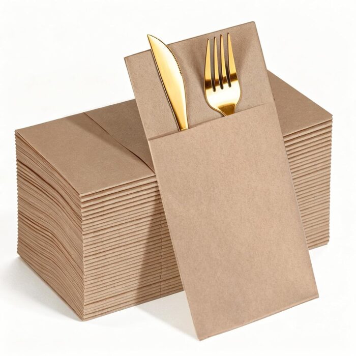 KAMMAK Khaki Napkins Disposable with Pocket 100 Pack Cloth like Paper Dinner Napkins Folded Hand Towel for Party Decoration, Wedding Reception, Bathroon and Kitchen (16.5 x 16.5...