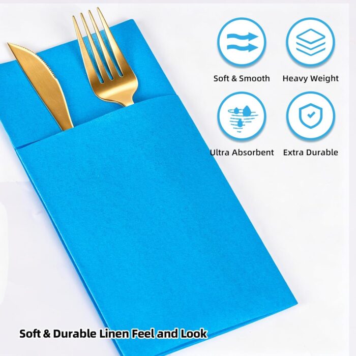 KAMMAK Napkins Disposbale 100 Pack Sky Blue Cloth like Paper Dinner Napkins with Pocket Folded Wedding Napkin Guest Hand Towels for Party Reception, Bathroom, Kitchen,...