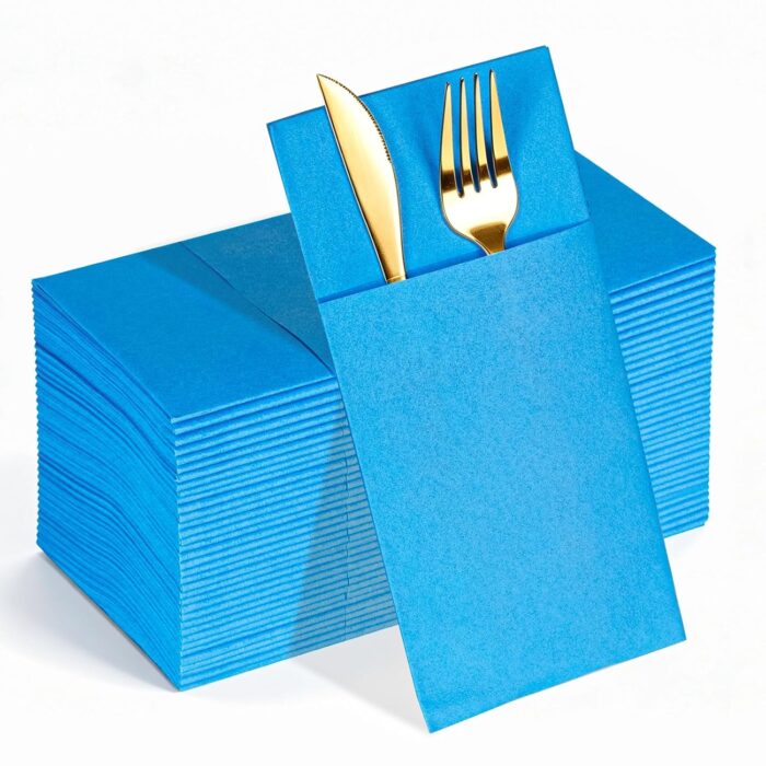 KAMMAK Napkins Disposbale 100 Pack Sky Blue Cloth like Paper Dinner Napkins with Pocket Folded Wedding Napkin Guest Hand Towels for Party Reception, Bathroom, Kitchen,...