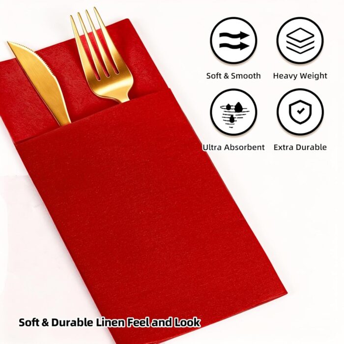 KAMMAK Red Napkins Disposable Dinner Paper Napkins with Pocket 50 Pack Cloth Like Folded Napkin Guest Hand Towels for Wedding Reception, Party Decoration, Bathroom, Kitchen,...