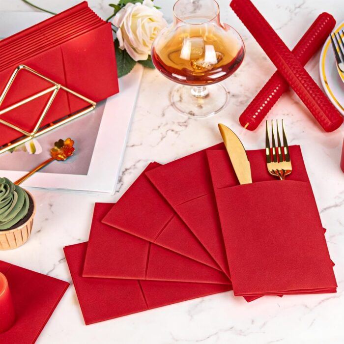 KAMMAK Red Napkins Disposable Dinner Paper Napkins with Pocket 50 Pack Cloth Like Folded Napkin Guest Hand Towels for Wedding Reception, Party Decoration, Bathroom, Kitchen,...