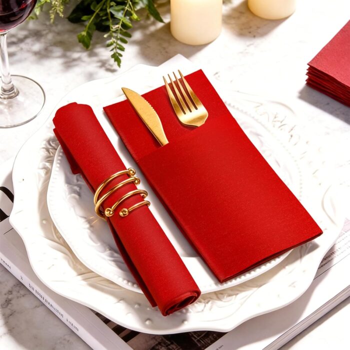 KAMMAK Red Napkins Disposable Dinner Paper Napkins with Pocket 50 Pack Cloth Like Folded Napkin Guest Hand Towels for Wedding Reception, Party Decoration, Bathroom, Kitchen,...