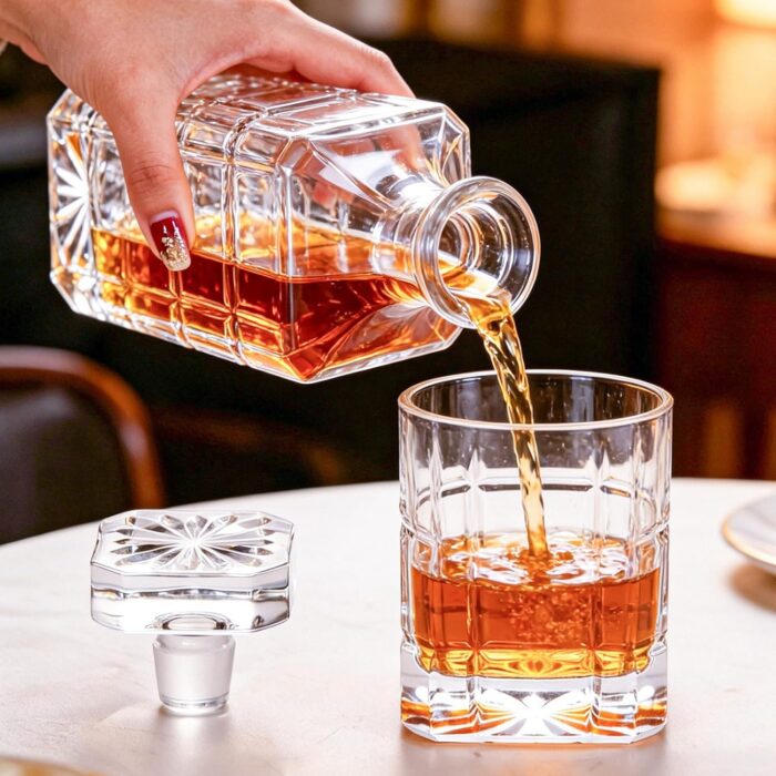 Liquor Decanter, 750ml Glass Decanter with Stopper, Elegant Red Wine Carafe, Unique Wine Aerator for Bar, Party, Anniversary, Home, Banquet, Idea Gift for Men and... KAMMAK 8KPJB001 glass decanter styled on dining table image 5