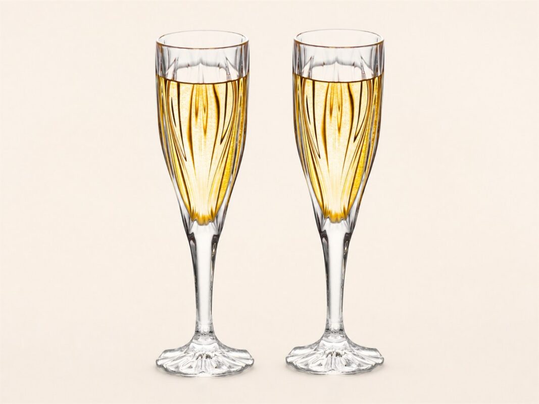 Clear KAMMAK crystal champagne flutes with long stems