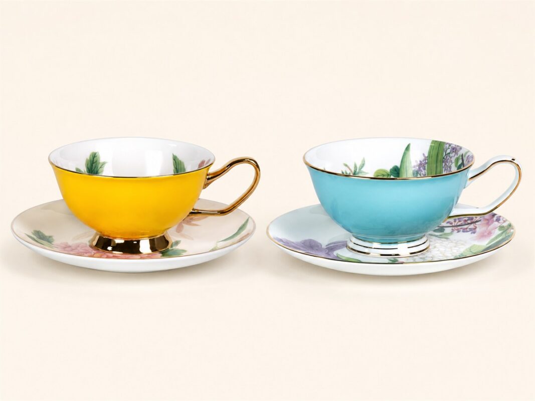 Yellow and blue KAMMAK floral cups with matching saucers and gold-tone details