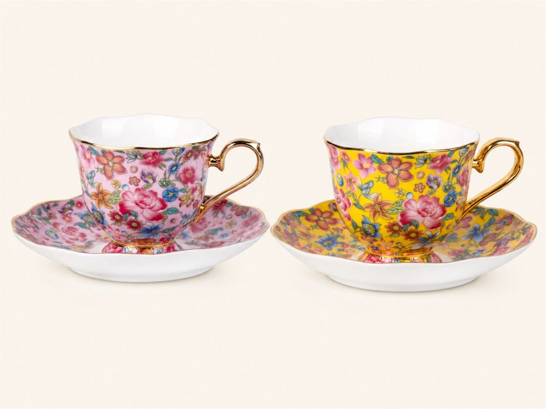 Pink and yellow KAMMAK vintage floral cups and saucers with gilded rims and handles