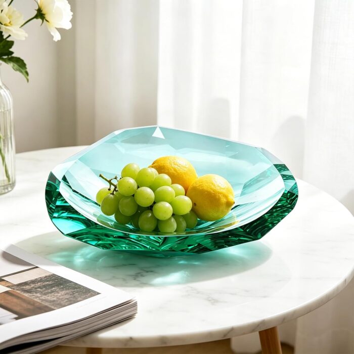 KAMMAK Crystal Glass Fruit Bowl, Hand Blown Decorative Dessert Plate | Green, Luxury Centerpiece, Aesthetic Counter Decor, Colored Modern Art, For Party, SXY10 KAMMAK 8GPSXY010 decorative serving plate side angle view showing silhouette