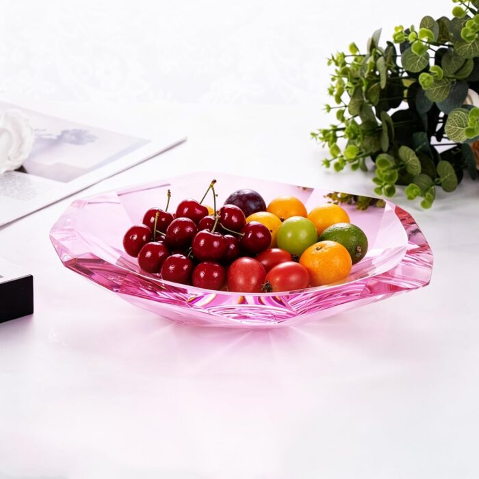 KAMMAK Crystal Glass Fruit Bowl, Hand Blown Decorative Dessert Plate | Pink, Luxury Centerpiece, Aesthetic Counter Decor, Colored Modern Art, For Party, SXY12 KAMMAK 8GPSXY012 decorative serving plate styled on dining table image 5