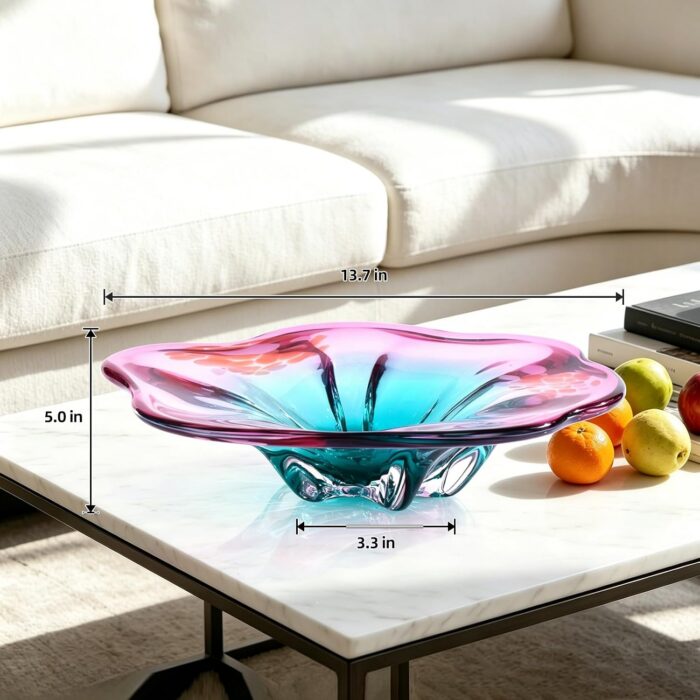 KAMMAK Glass Fruit Bowl, Handcraft Decorative Dessert Plate | Luxury Centerpiece, Aesthetic Counter Decor, Colored Modern Art, For Party Serving, SXY7 KAMMAK 8GPSXY007 decorative serving plate shape and proportion detail image 3