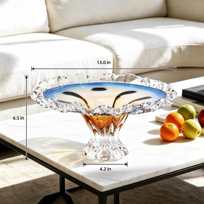 KAMMAK Glass Fruit Bowl, Handcraft Decorative Dessert Plate | Luxury Centerpiece, Aesthetic Counter Decor, Colored Modern Art, For Party Serving, SXY8 KAMMAK 8GPSXY008 decorative serving plate shape and proportion detail image 3