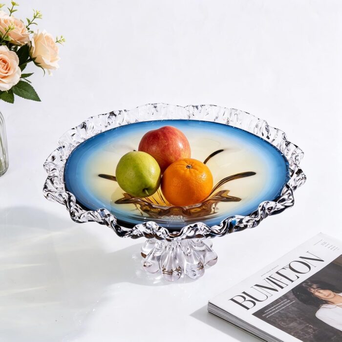 KAMMAK Glass Fruit Bowl, Handcraft Decorative Dessert Plate | Luxury Centerpiece, Aesthetic Counter Decor, Colored Modern Art, For Party Serving, SXY8 KAMMAK 8GPSXY008 decorative serving plate side angle view showing silhouette