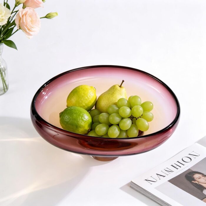 KAMMAK Glass Fruit Bowl, Handcraft Decorative Dessert Plate | Luxury Centerpiece, Aesthetic Counter Decor, Colored Modern Art, For Party Serving, SXY8 KAMMAK 8GPSXY009 decorative serving plate side angle view showing silhouette