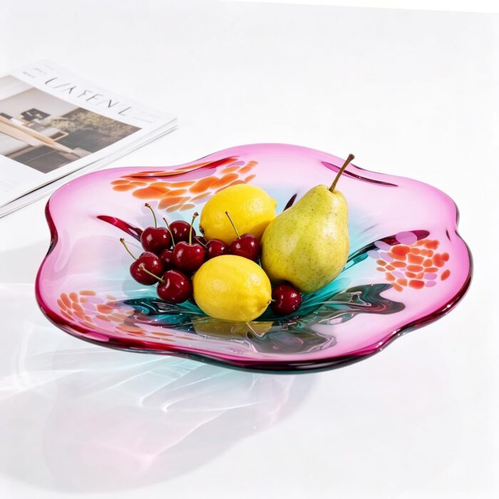 KAMMAK Glass Fruit Bowl, Handcraft Decorative Dessert Plate | Luxury Centerpiece, Aesthetic Counter Decor, Colored Modern Art, For Party Serving, SXY7 KAMMAK 8GPSXY007 decorative serving plate decorative craft detail image 7