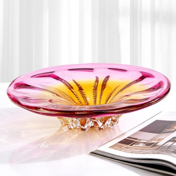 KAMMAK Glass Fruit Bowl, Luxury Centerpiece Glass Bowl, Hand Blown Decorative Dessert Plate, Green Aesthetic Counter Decor, Colored Modern Art Serving Bowls for Party (SXY02) KAMMAK 8GPSXY002 decorative serving plate side angle view showing silhouette